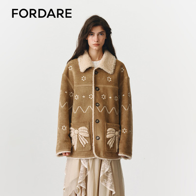 FORDARE/福蝶26秋冬翻毛刺绣蝴蝶结环保皮草外套