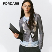 FORDARE 福蝶25早秋设计师趣味假两件3D印花工牌菱格打底衫