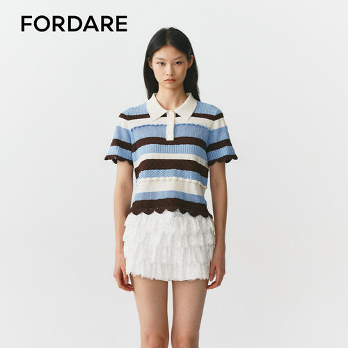 FORDARE/福蝶26春夏镂空钩花条纹针织短袖Polo
