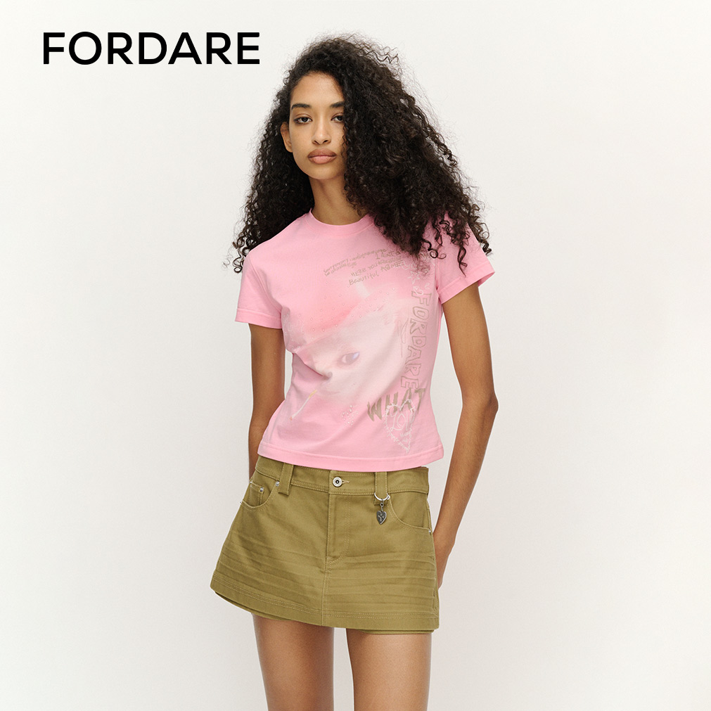 FORDARE/福蝶25春夏洗水做旧爵士小狗短T恤女士短袖印花上衣