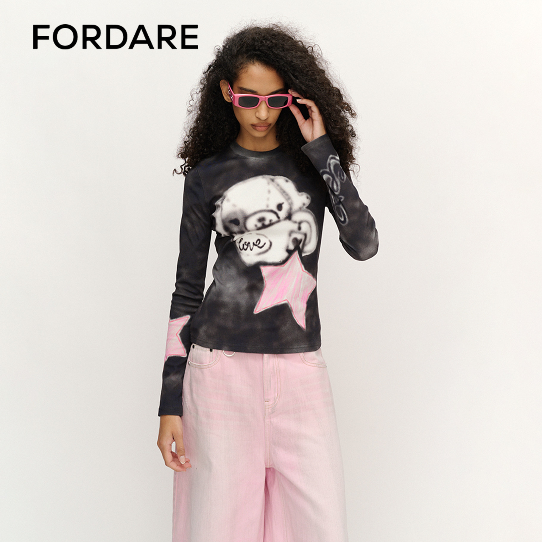 FORDARE/福蝶25春夏趣味涂鸦感茶杯小狗可爱独特打底衫女长袖上衣