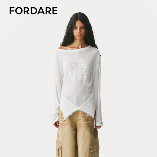FORDARE/福蝶26早秋蕾丝贴布绣轻解构斜肩T恤