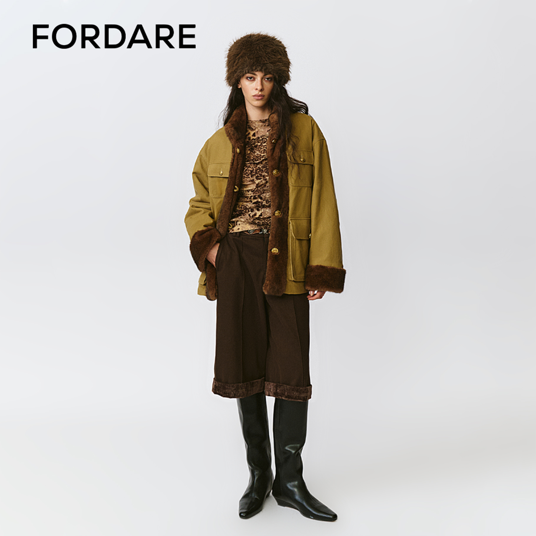 FORDARE/福蝶25秋冬正反两穿环保皮草工装外套