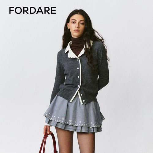 FORDARE/福蝶25早秋假两件叠穿镂空绣花领针织内搭
