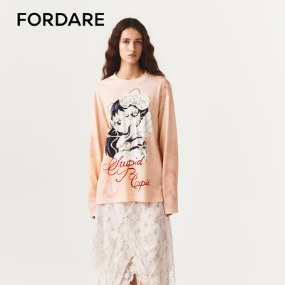 FORDARE/福蝶26春夏手绘感心碎珍珠眼泪丘比特长袖T恤