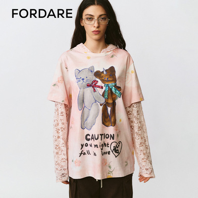 FORDARE/福蝶25早秋趣味手绘感两只小熊蕾丝连帽T恤