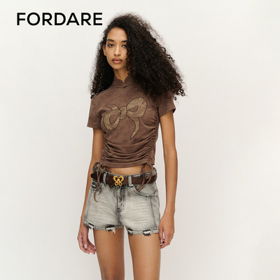FORDARE/福蝶25春夏仿水洗蕾丝蝴蝶结旗袍领抽褶上衣女士短袖T恤