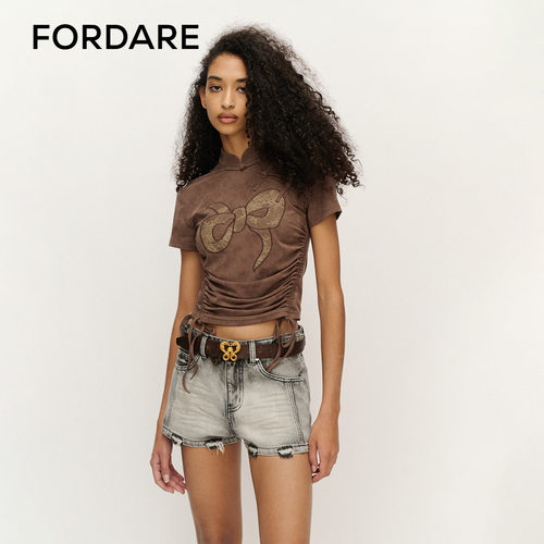 FORDARE/福蝶25春夏仿水洗蕾丝蝴蝶结旗袍领抽褶上衣女士短袖T恤