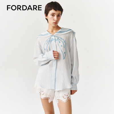 FORDARE/福蝶26春夏浅蓝色条纹薄透衬衫