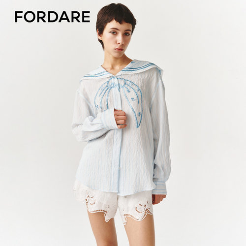 FORDARE/福蝶26春夏浅蓝色条纹薄透衬衫