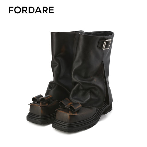 FORDARE/福蝶24秋冬吴宣仪/陈瑶同款牛皮擦色蝴蝶结裤管靴