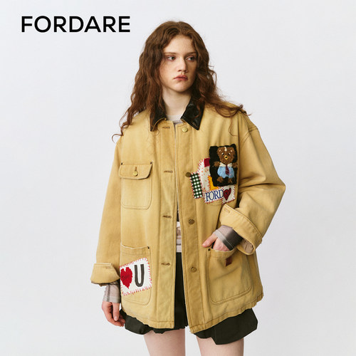 FORDARE/福蝶25秋冬复古碎花拼布领带小熊工装外套