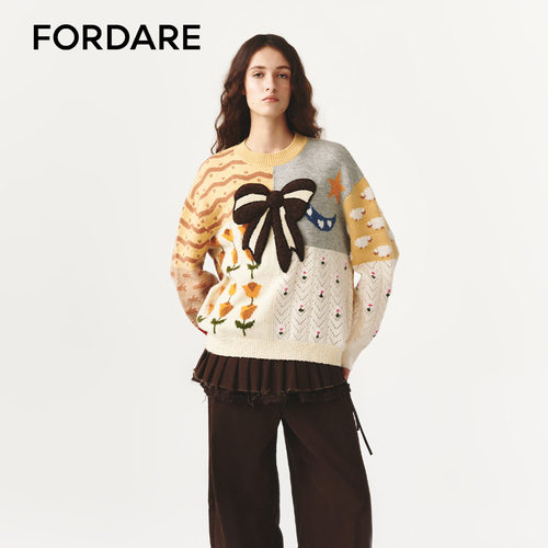FORDARE/福蝶26春夏趣味撞色拼花蝴蝶结套头毛衫开衫