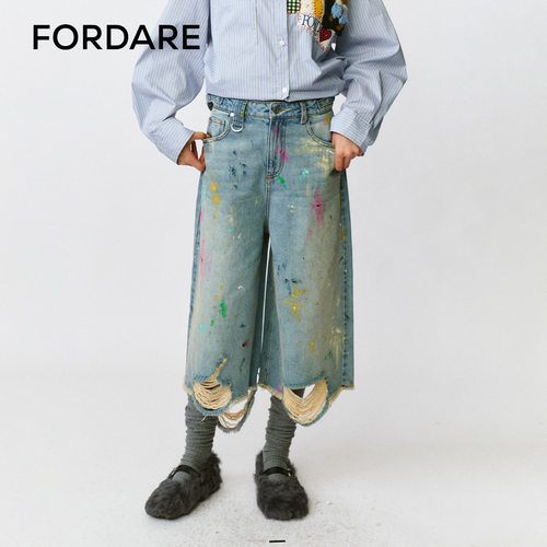 FORDARE/福蝶25早秋彩色抹脏破洞中裤涂鸦感做旧阔腿七分裤牛仔裤