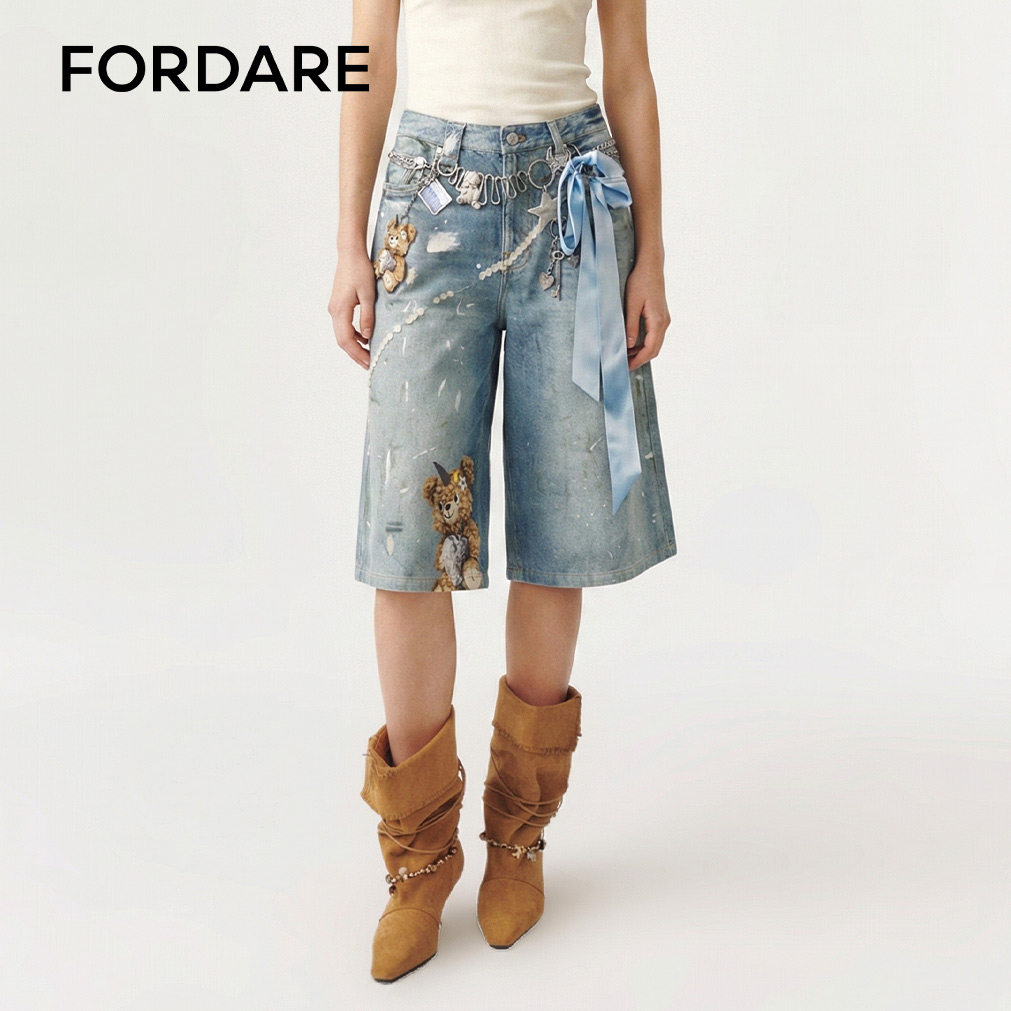 FORDARE/福蝶26春夏印花熊牛仔中裤