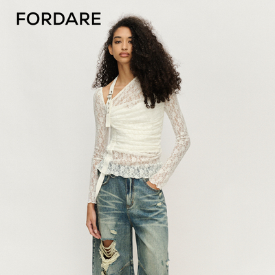 FORDARE/福蝶25春夏白色工装挂脖蕾丝打底衫女士不对称设计上衣