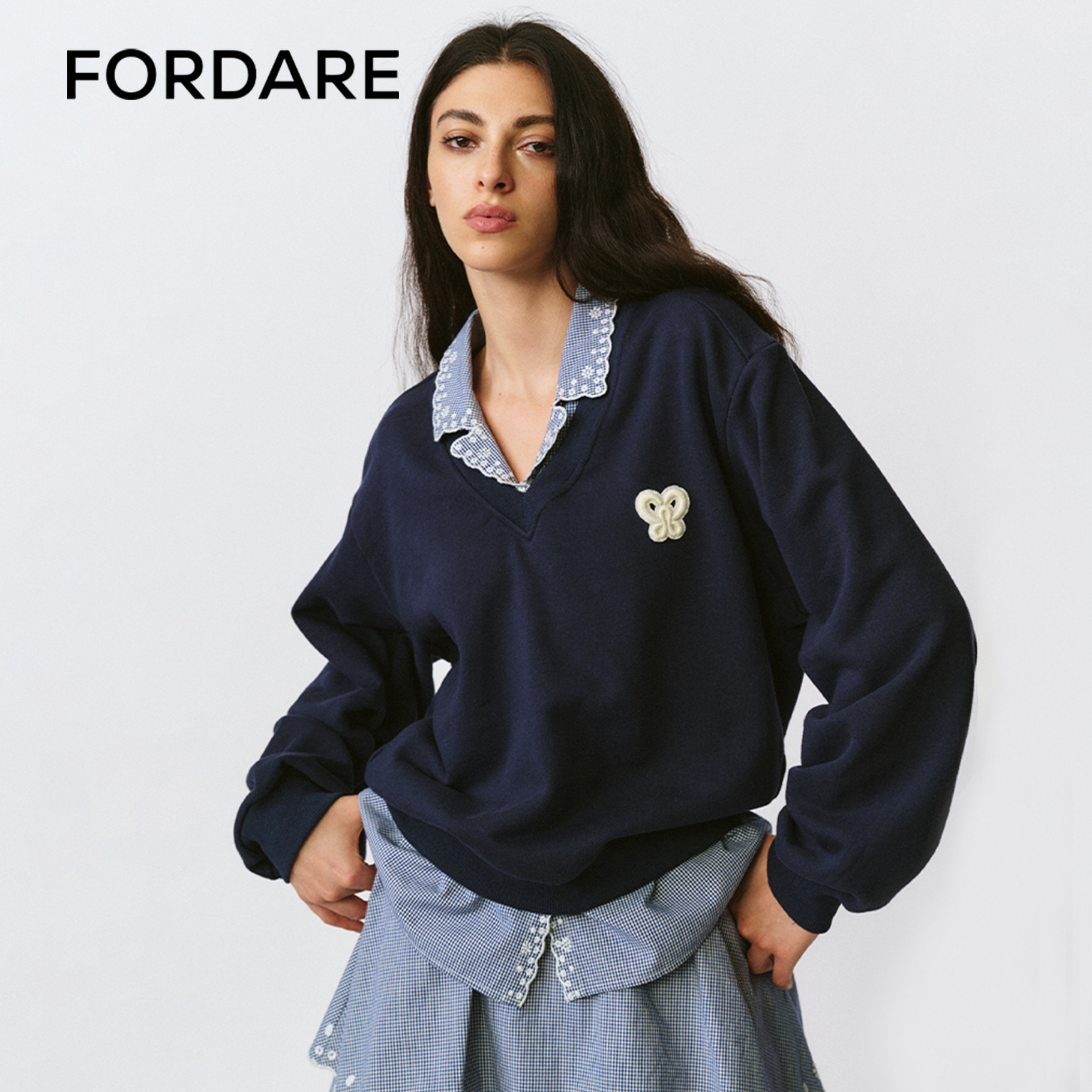 FORDARE/福蝶25早秋镂空刺绣领藏青色POLO衫