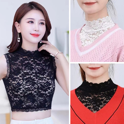 春季新款蕾丝打底衫女镂空假领子背心百搭气质时尚高立领内搭上衣