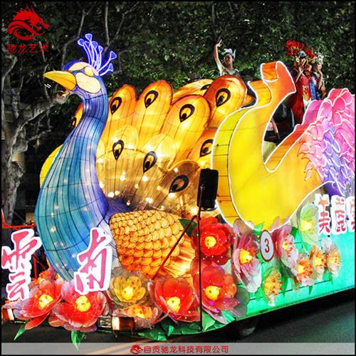 仿真绢花造型巡游彩车制作厂家春节绿雕庆典巡游花车公司