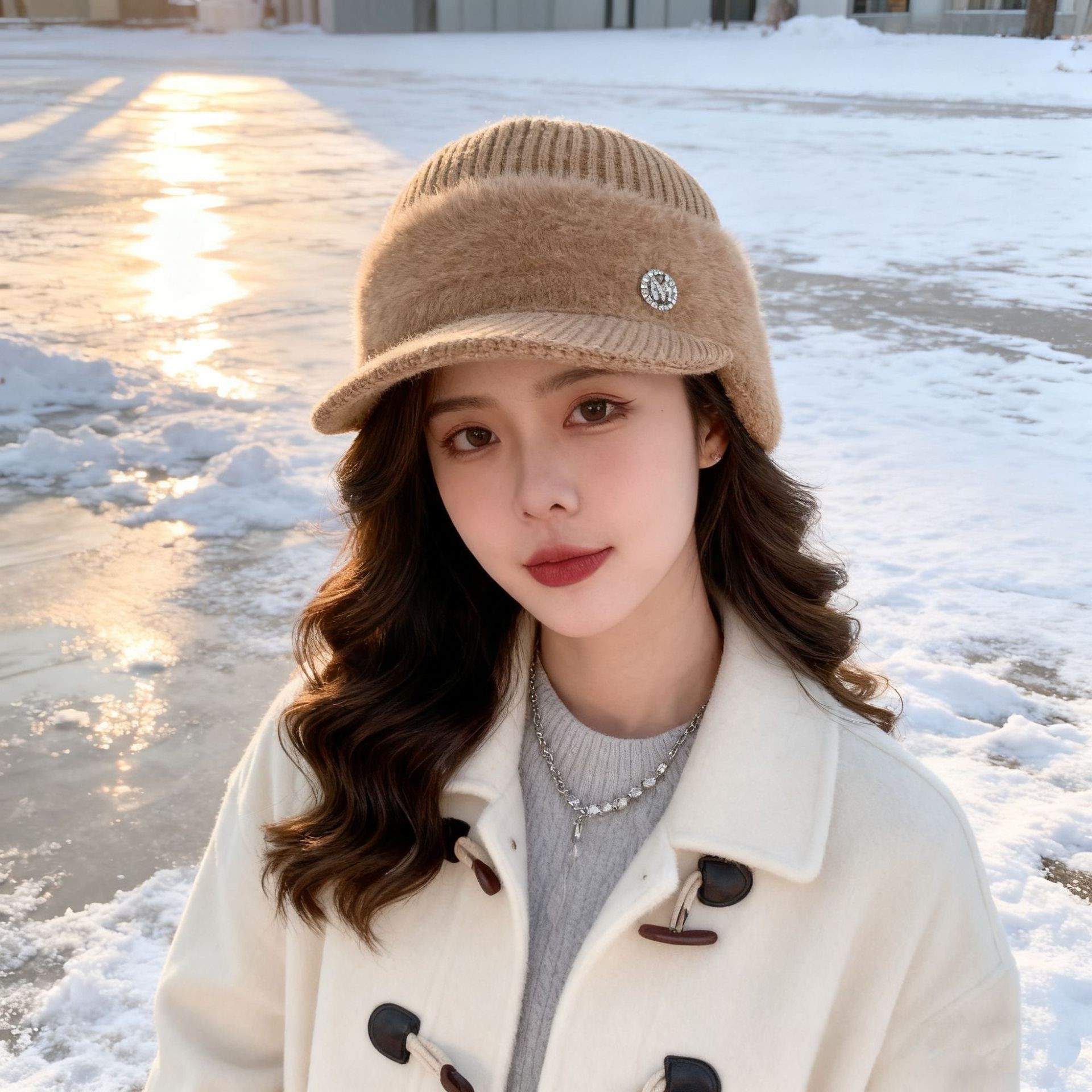 冬季女保暖护耳空顶帽加厚防风鸭舌帽百搭户外毛线显脸小针织帽子