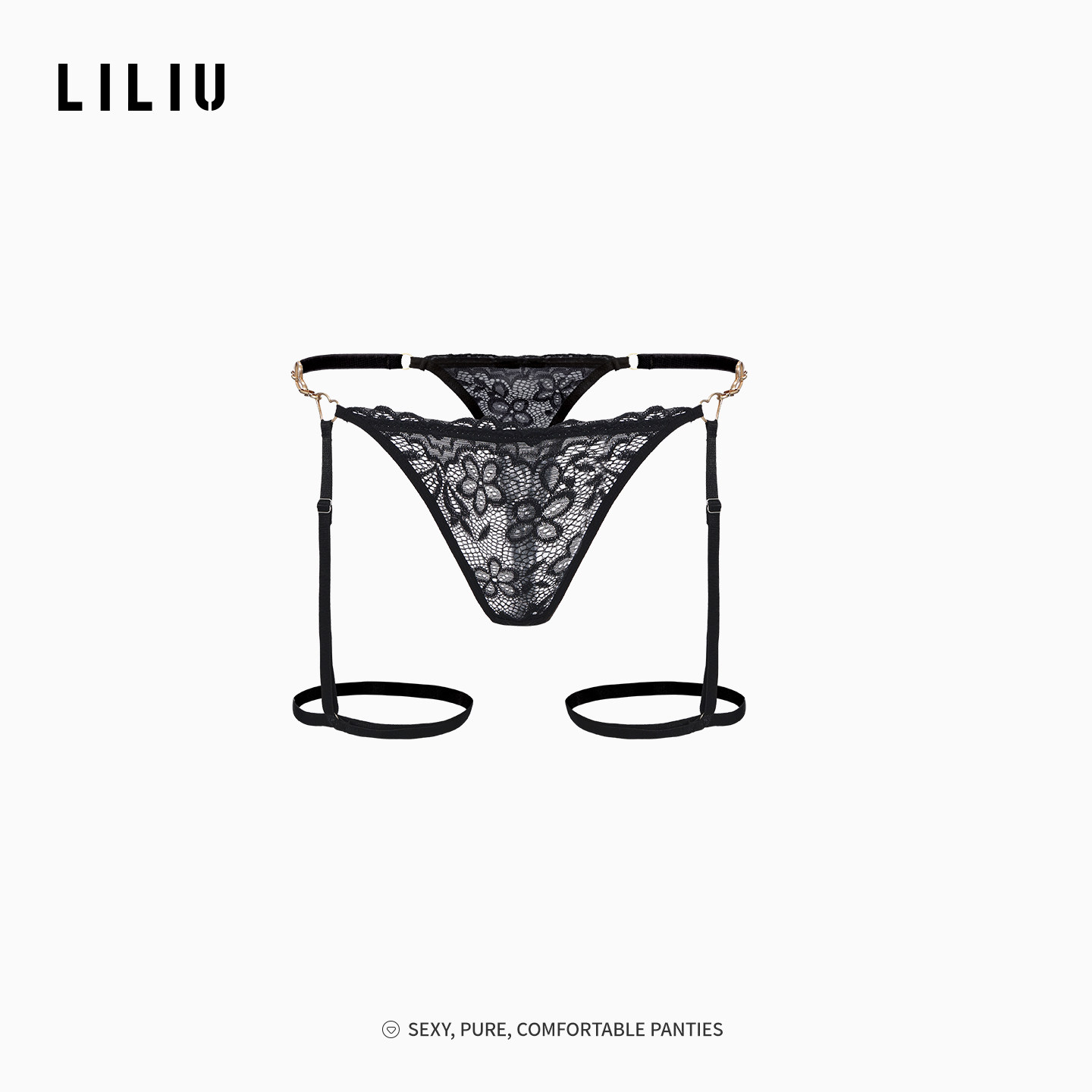 LILIU|欧美性感腿环蕾丝丁字裤女系带透视禁欲诱惑中腰女士内裤