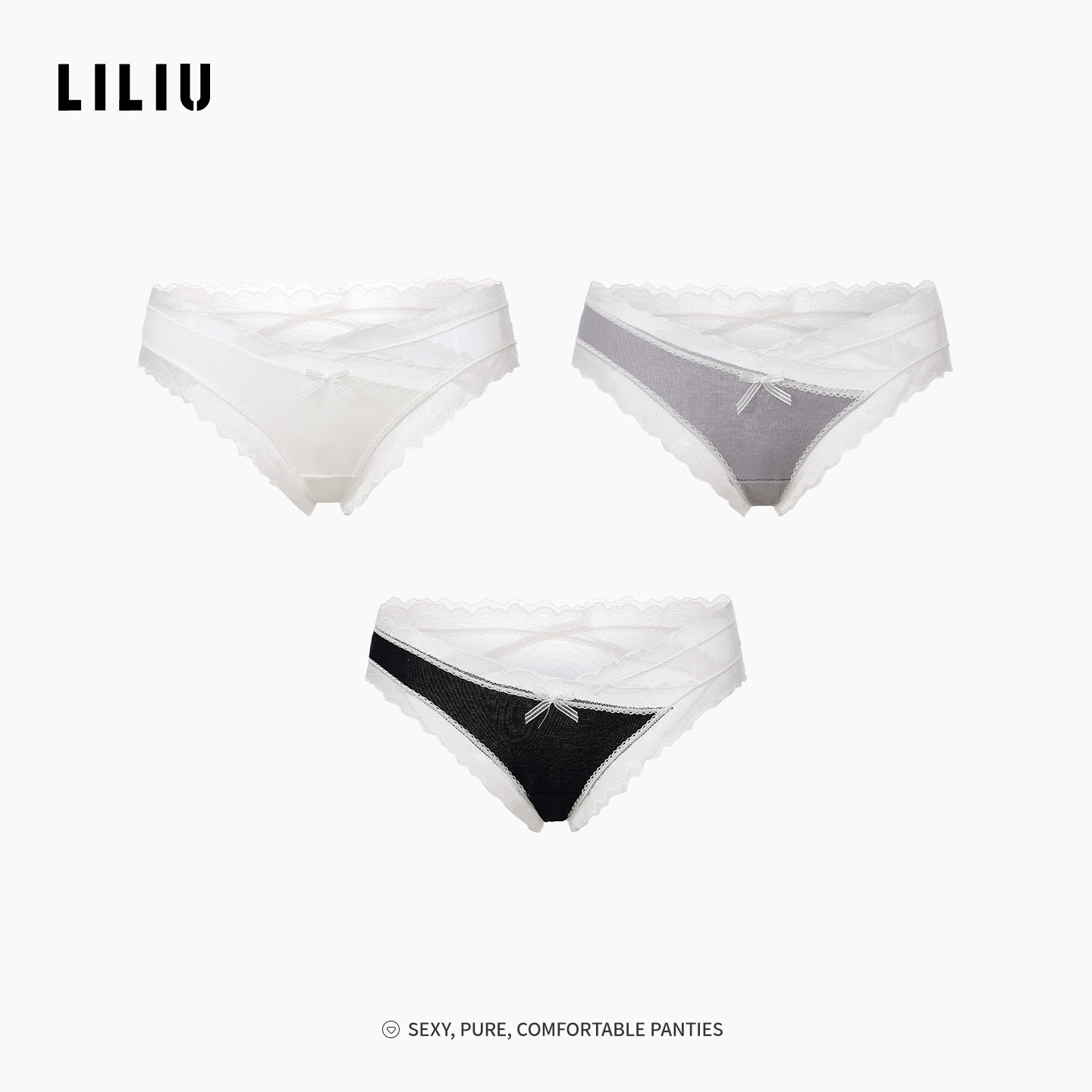 LILIU纯欲蕾丝内裤女交叉网纱甜美撞色透气低腰女士新款三角裤