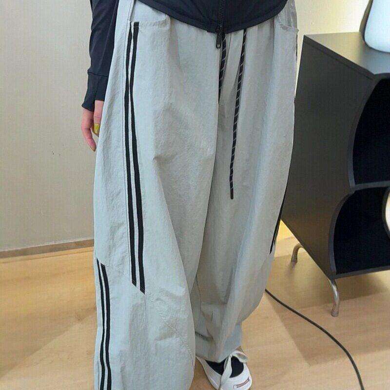 韩系双杠条纹阔腿裤女2026夏季新款宽松显瘦百搭高腰抽绳休闲裤子
