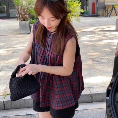 法式复古无袖格子衬衫女夏季新款