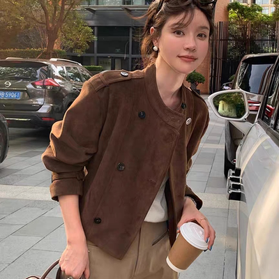 短款麂皮绒双排扣外套女秋季新款
