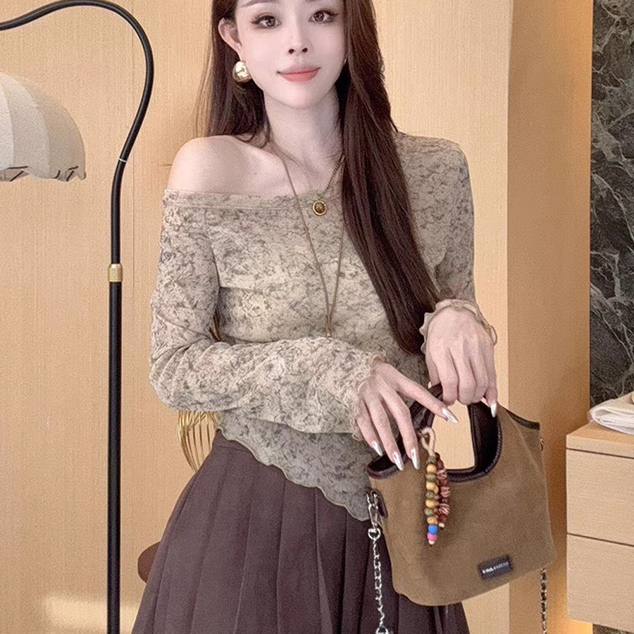 不规则露肩碎花T恤女秋季新款