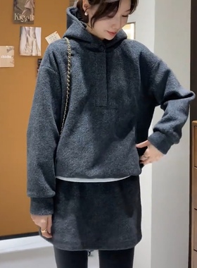 韩系连帽加绒卫衣+短裙套装女2025秋冬新款显瘦加厚保暖两件套潮