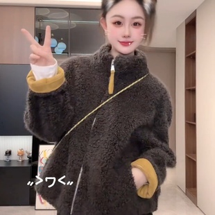 宽松显瘦加厚保暖皮毛一体上衣 短款 韩式 立领羊羔毛外套女2025冬季