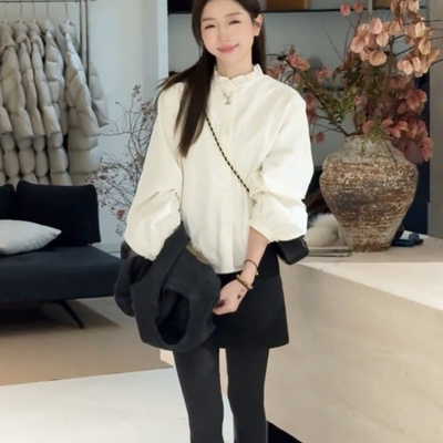 法式立领木耳边加绒衬衫女冬季