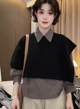 韩系时尚黑色披肩女2026春秋新款宽松休闲百搭洋气显瘦休闲外搭潮