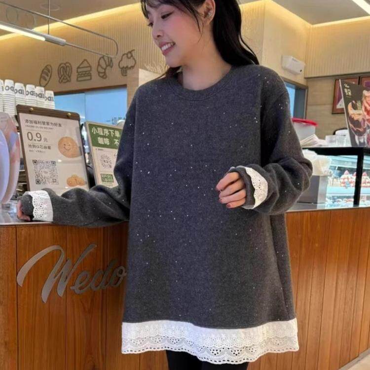 粉奈悦韩版蕾丝拼接加厚卫衣
