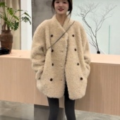 韩系双排扣羊羔毛外套女2025秋冬新款 宽松显瘦百搭中长款 毛毛外套