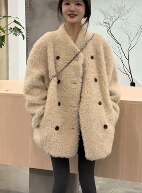 韩系双排扣羊羔毛外套女2025秋冬新款宽松显瘦百搭中长款毛毛外套