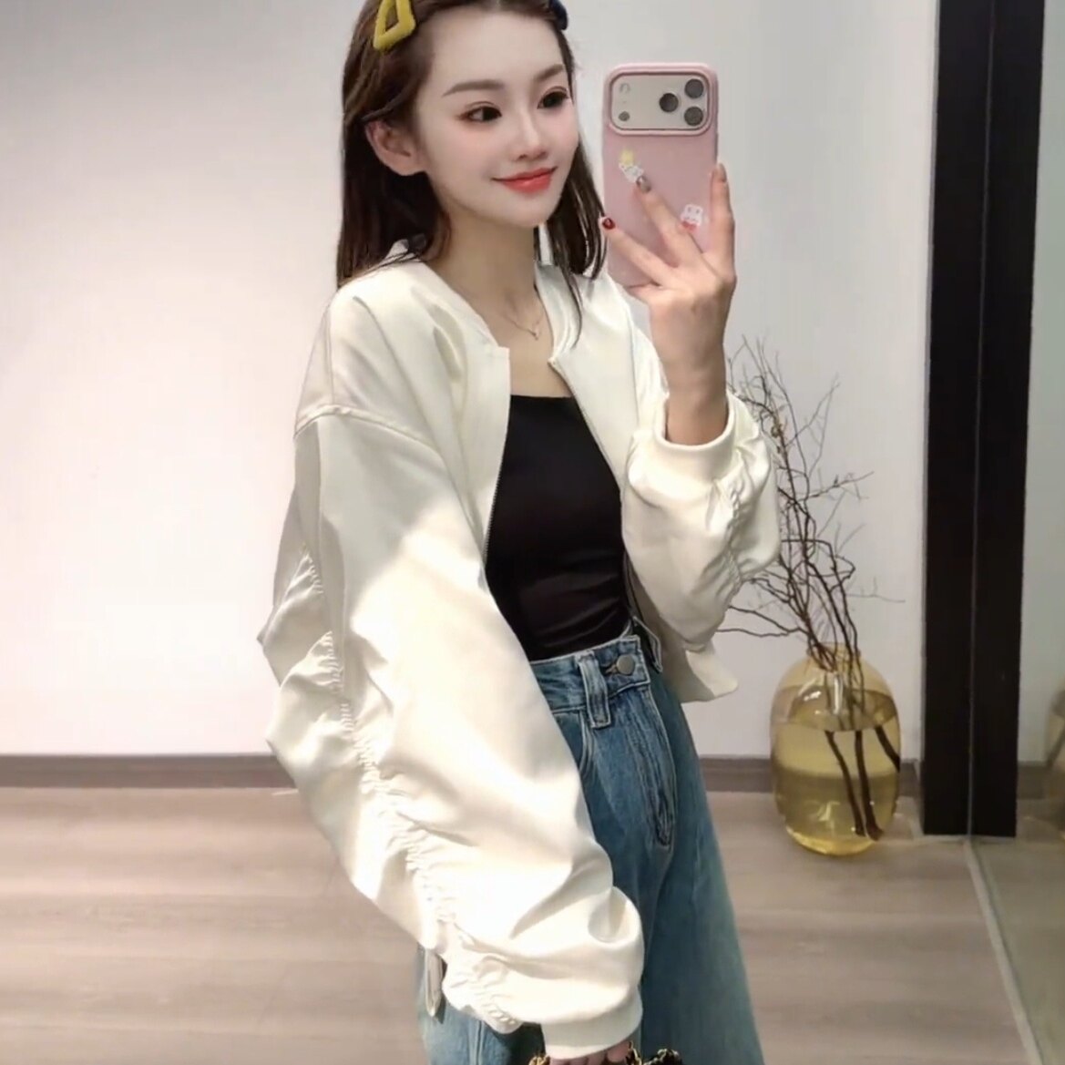 韩系圆领褶皱短外套女春季新款图片