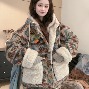 韩版 宽松加厚保暖棉服 复古撞色双面穿羊羔毛短外套女2025秋冬新款