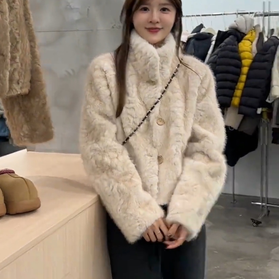 韩系立领羊羔绒皮毛一体外套女