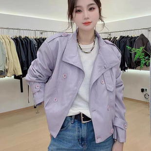 小个子宽松百搭显瘦皮夹克上衣 新款 短款 双排扣皮衣外套女2026春季