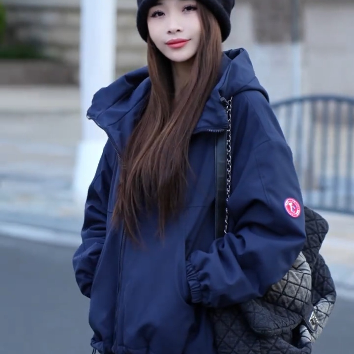 韩版连帽双拉链冲锋衣羽绒服女