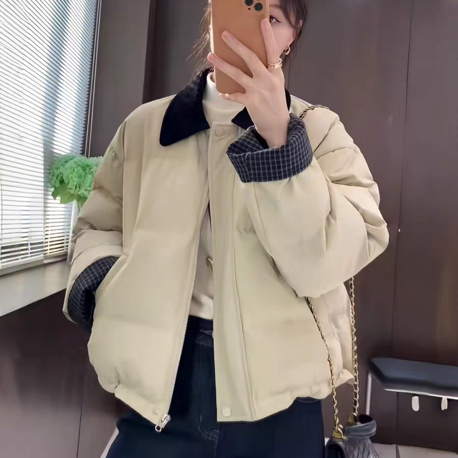 韩系撞色翻领短款棉服女2025秋冬新款高级感宽松加厚保暖棉衣外套
