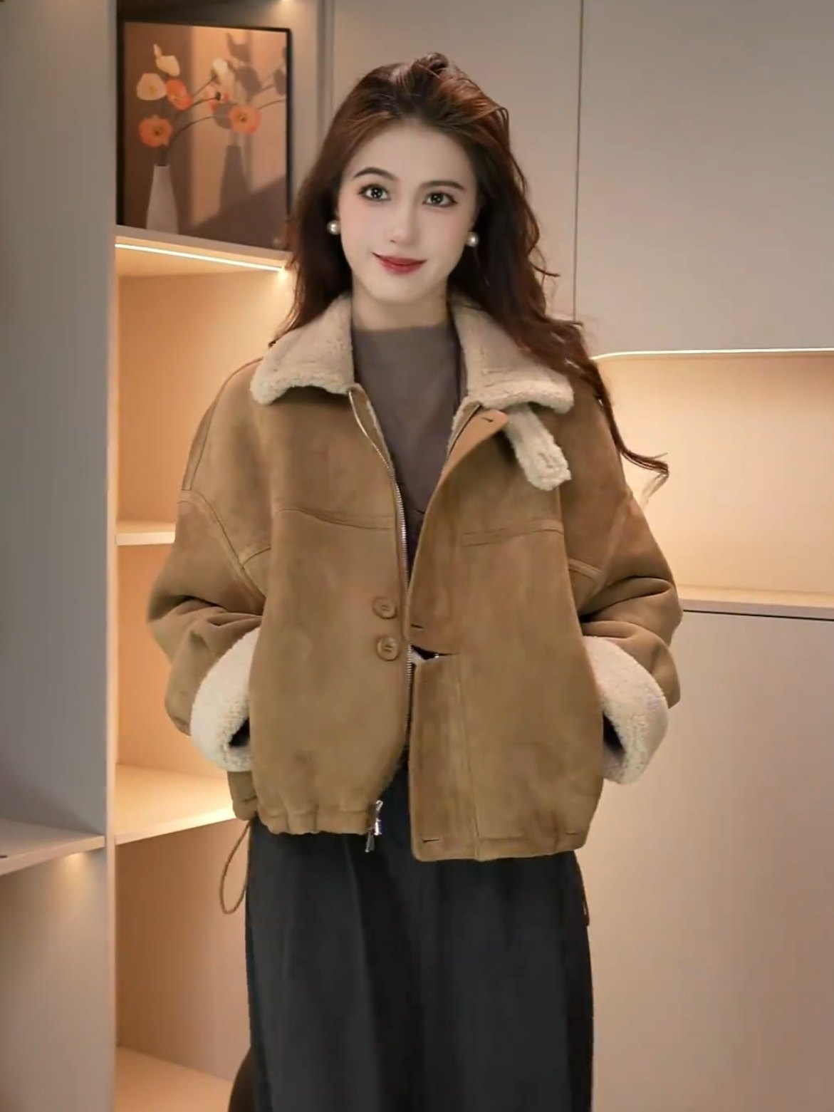 加绒加厚皮毛一体外套女2025冬季新款短款立领显瘦机车服夹克上衣