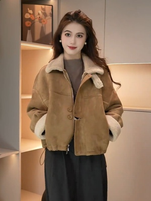 加绒加厚皮毛一体外套女2025冬季新款短款立领显瘦机车服夹克上衣