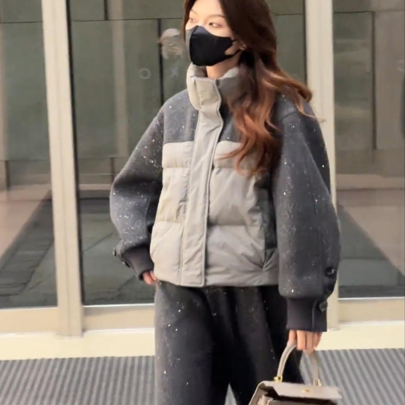 粉奈悦韩版短款毛呢拼接棉衣