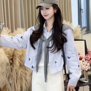 小个子显瘦百搭减龄小衫 新款 上衣 女2026春季 韩系刺绣披肩条纹衬衫