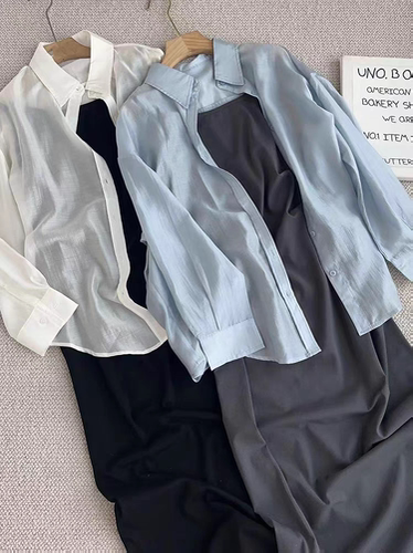 夏季新款防晒长袖衬衫吊带连衣裙两件套休闲时尚气质百搭套装女潮