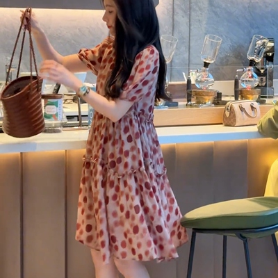 法式波点短袖连衣裙2025夏季新款