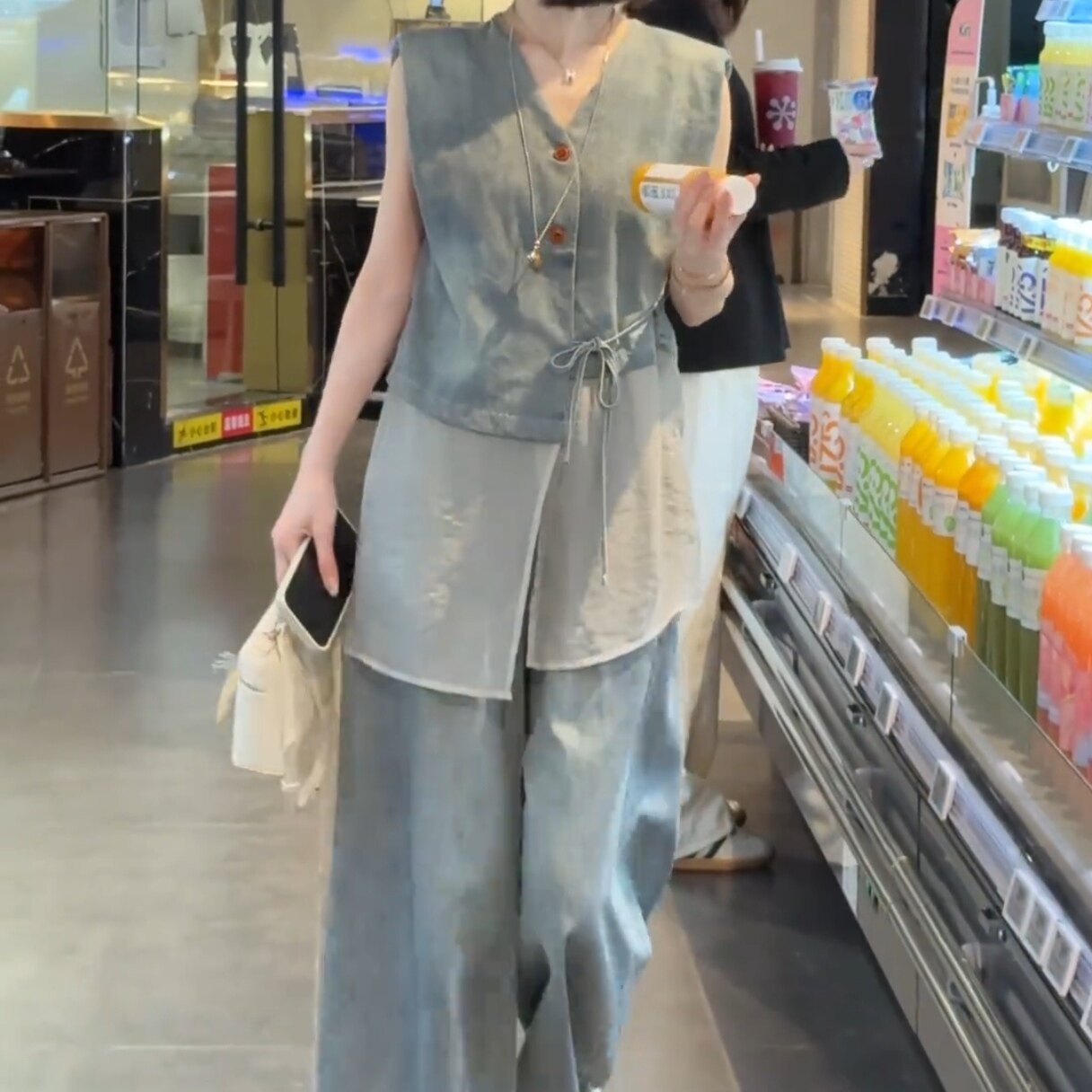 韩系系带牛仔马甲+阔腿裤两件套女2026夏季新款时尚气质显瘦套装